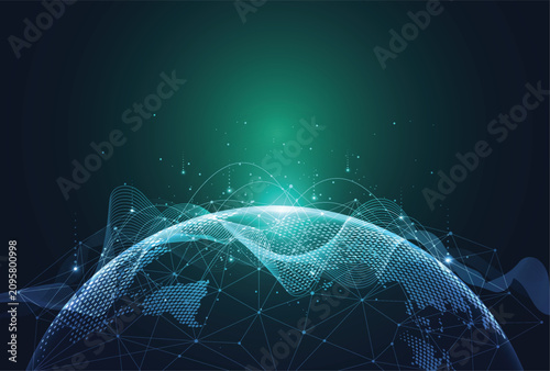 Tableau sur toile Abstract futuristic global network connection background with glowing planet earth and big data waves