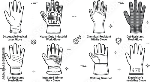 Fotografie Industrial safety work gloves line art icon set featuring medical latex welding