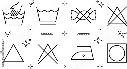 Bild auf Leinwand Laundry care instructions vector line icon set featuring hand wash do not wring