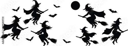 Foto Black silhouette illustration of witches flying on broomsticks with bats and ful