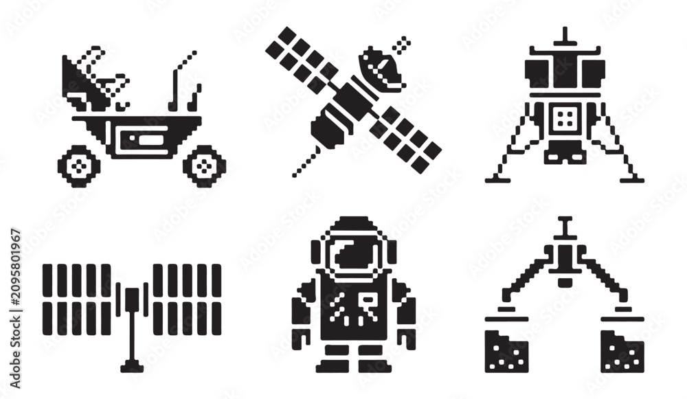 Fototapeta premium Large pixel art space exploration icons featuring astronaut rover satellite and machinery.