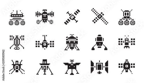 Orbital station and satellite pixel art icons representing modern space tech and science.