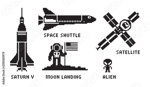 Cuadro en lienzo Space exploration pixel art set including saturn v, space shuttle, moon landing, satellite, alien