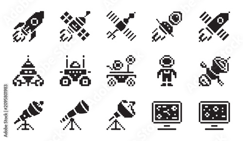 Konstfotografi Rocket launch and telescope pixel art icons for astronomical research and space missions