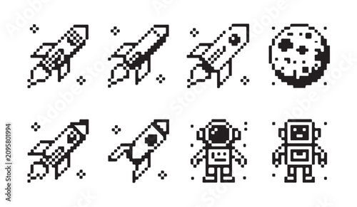Pixel art space rockets, moon, astronaut, and robot icons on white background with stars.