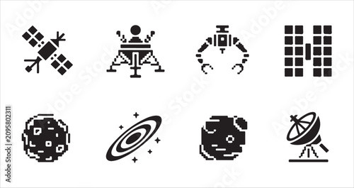 Fotografie Cosmic elements pixel art icons with galaxy satellite radar antenna and celestial bodies