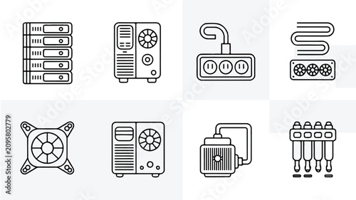 Eight black and white navigation icons illustrate various electronic devices and hardware components