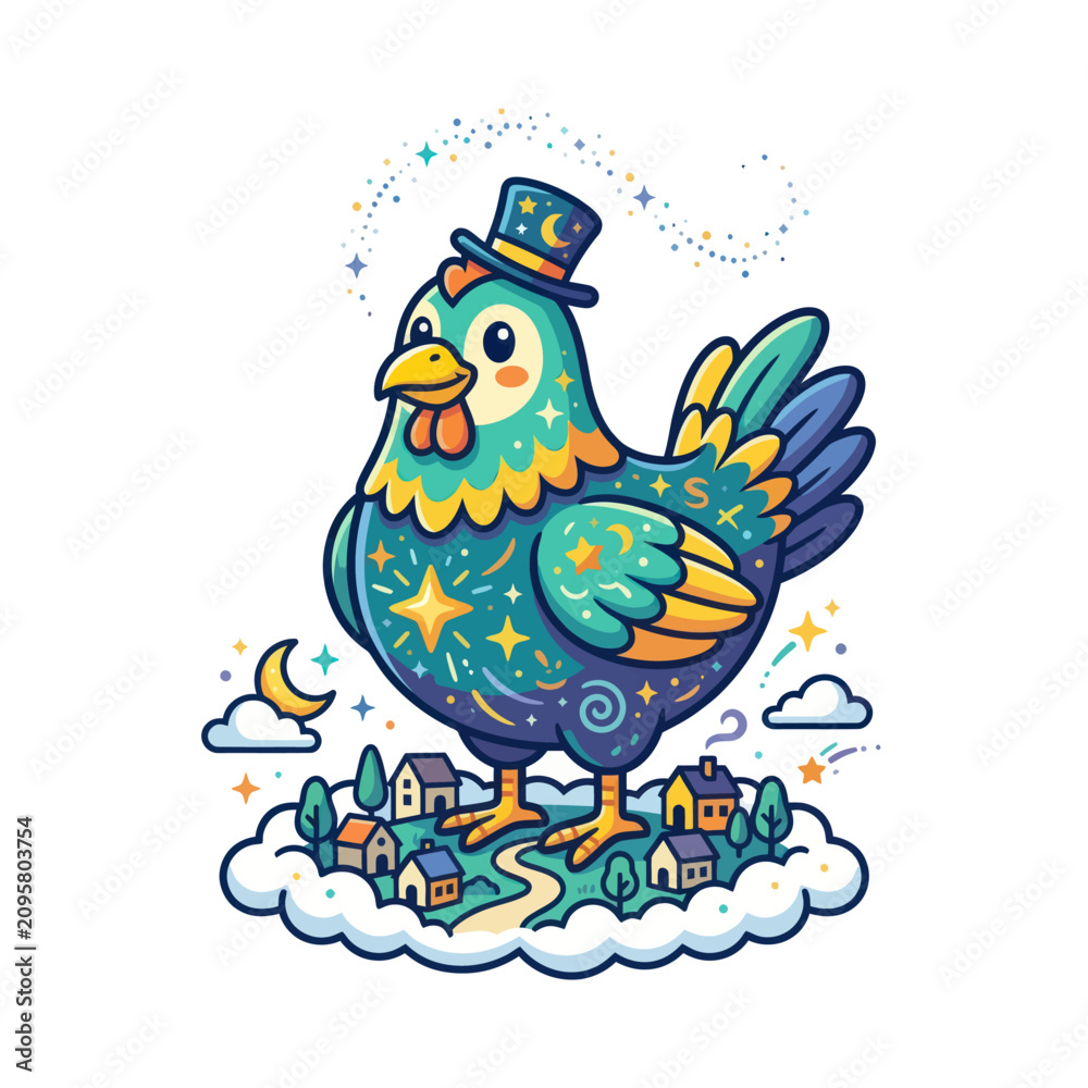 Fototapeta premium Whimsical chicken in a top hat overseeing a magical night village