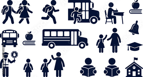 School Education Stick Figure Vector Icon Set Featuring Students Walking Bus Desk Teacher Graduation Cap and Classroom Supplies Graphic Elements