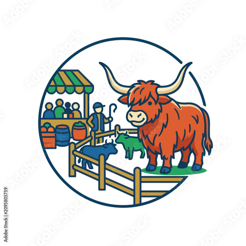 Canvas Print Highland Cow and Farm Market Illustration