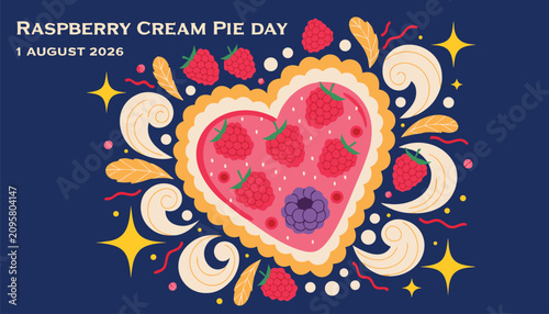 Bild auf Leinwand Heart shaped raspberry cream pie illustration for August holiday celebration