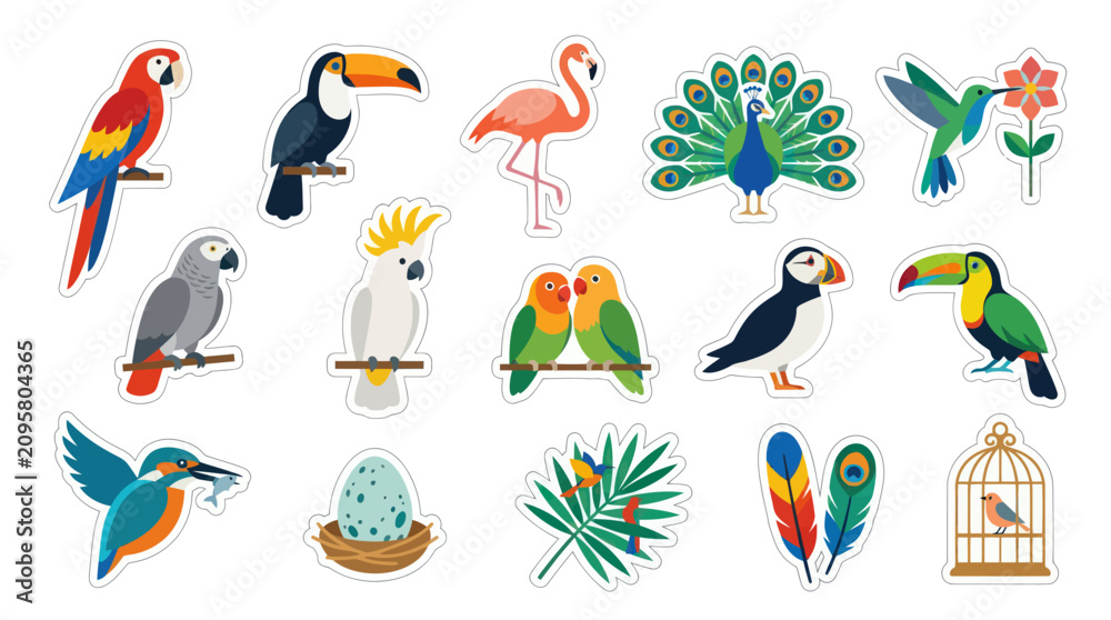 Obraz premium Colorful Tropical Birds Collection, Flat Vector Illustrations