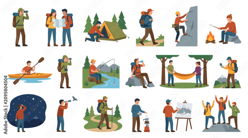 Fototapeta premium Flat Style Vector Icons of People Enjoying Outdoor Activities and Camping