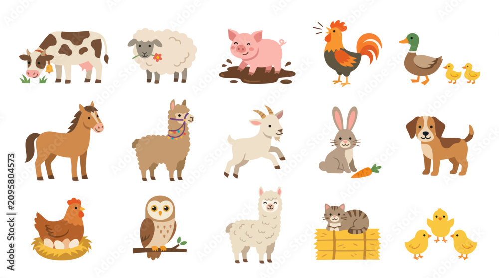 Fototapeta premium Cute Farm Animals Collection, Flat Vector Illustration