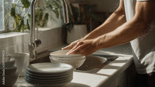 young man washing plates at kitchen sink, soft daylight, clean minimal kitchen, realistic textures