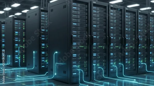 Modern server racks in a data center with glowing digital data streams and network visualizations, High-tech server room with futuristic data flow graphics and server infrastructure