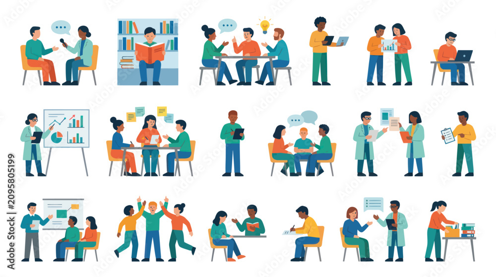Fototapeta premium Flat Design Vector Illustration Set of People in Learning, Education, Business and Science