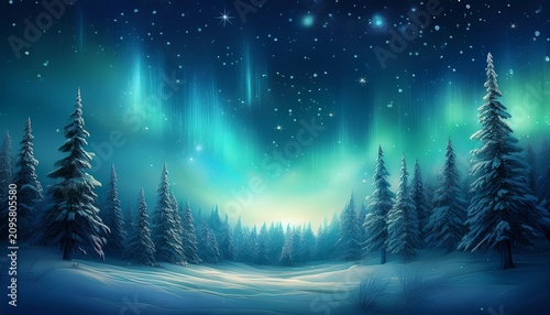 Starry Night Sky With Northern Lights Silhouetted Snow Covered Pine Trees Glowing Moon Scattered Twinkling Fairy Lights Subtle Snowfall Dreamy Magical Atmosphere Deep Blue And Emerald Tones