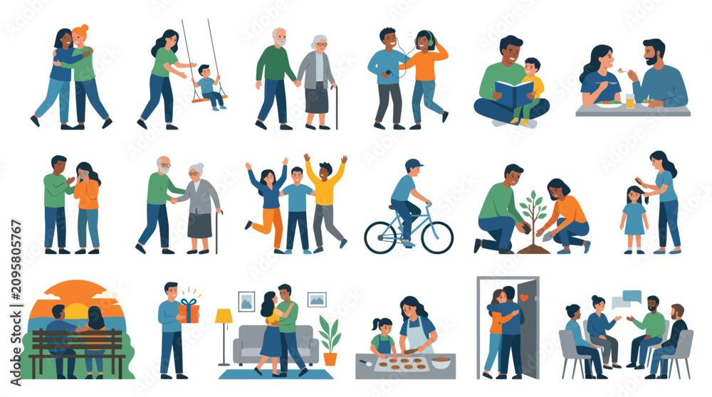 Fototapeta premium Modern Flat Illustration of Diverse People, Family, and Community Lifestyle Interactions