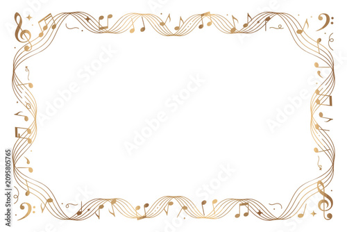 Golden Music Frame with Notes on White Background