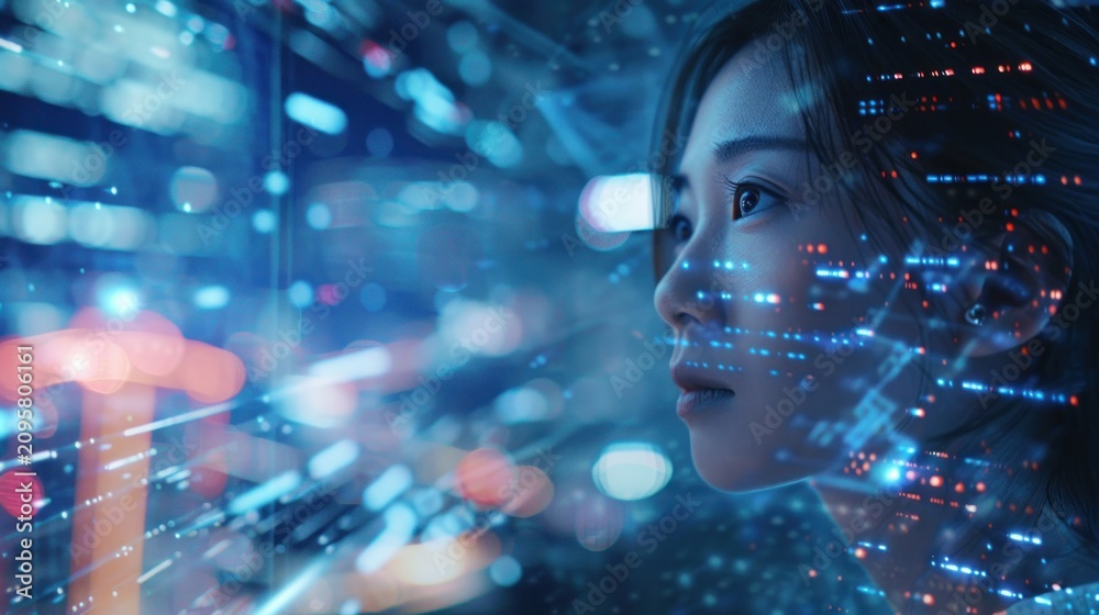 Fototapeta premium Woman looking at futuristic data