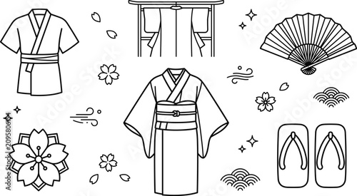 Konstfotografi Traditional Japanese kimono culture line icon set with yukata outfit geta sandal