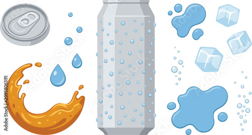 Refreshing Soda Can Collection Featuring Water Bubbles Ice Cubes Liquid Splashes and Carbonated Beverage Elements