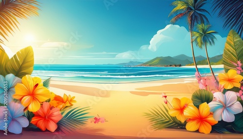Tropical Flower Summer Season Beach Banner Design Advertising Sandy Beach Background