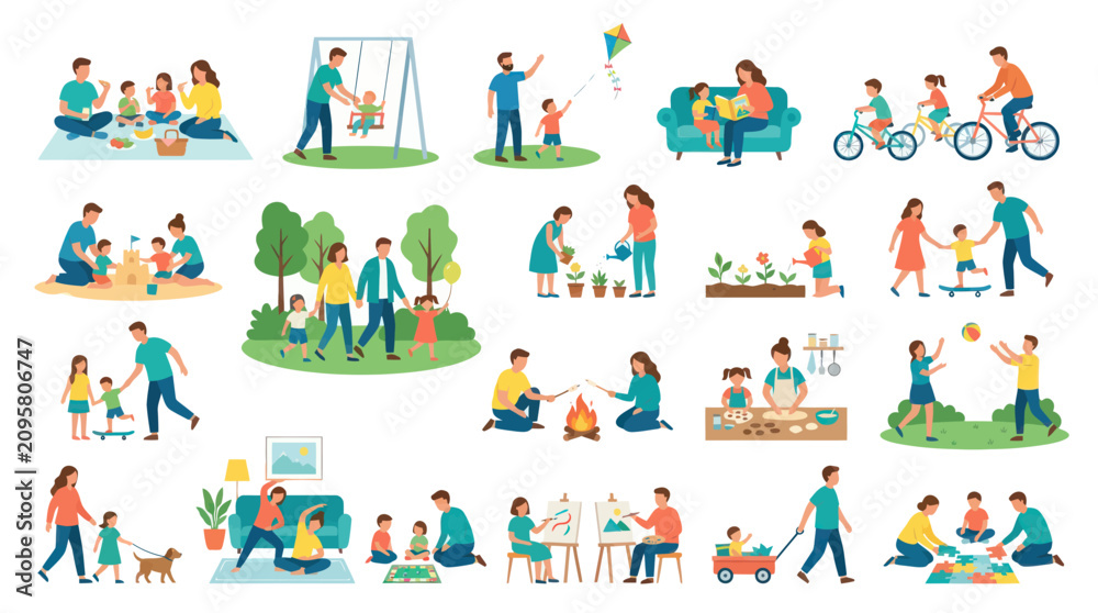 Fototapeta premium Family Activities Vector Flat Art: Picnic, Park, Gardening, Sports, Games, Crafts