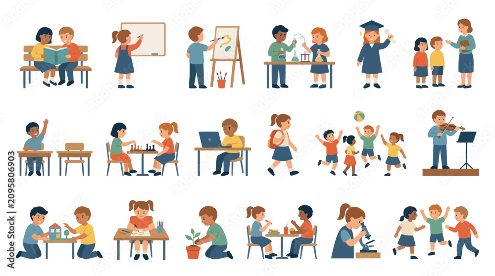 Fototapeta premium Flat Style Vector Illustration of Diverse Children in Educational Activities