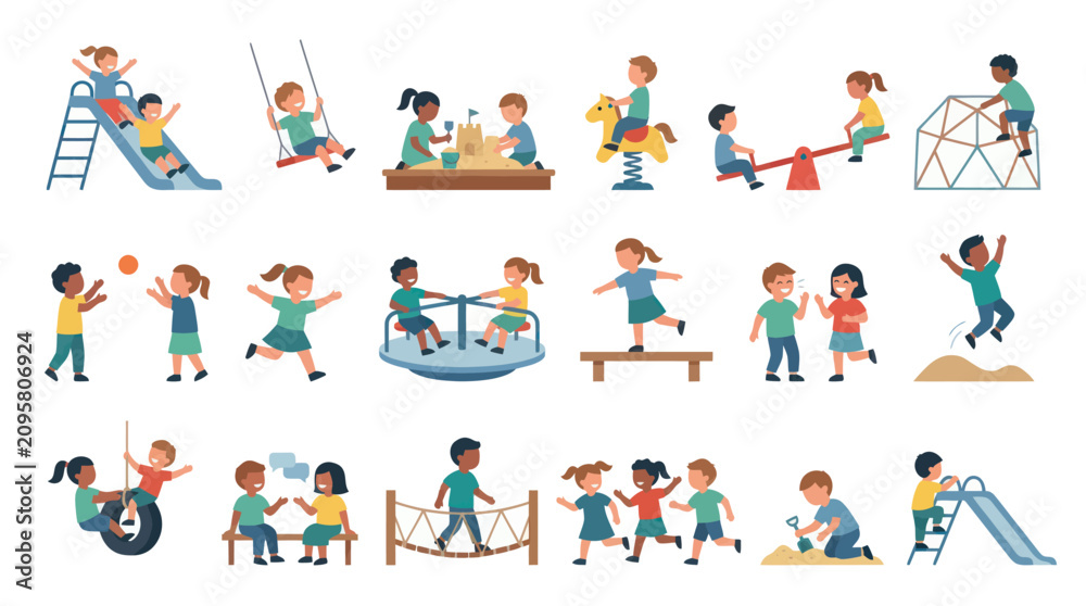 Fototapeta premium Children playing on playground equipment, flat vector illustration