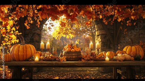 Autumnal harvest scene with pumpkins, candles, and fall leaves.