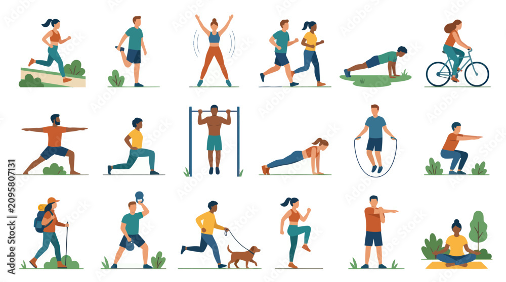 Fototapeta premium Flat Vector Illustration of People Doing Various Exercises and Physical Activities for Health and Fitness