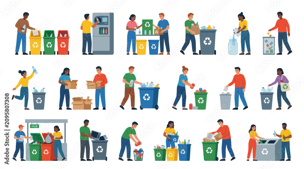 Fototapeta premium Recycling and Waste Sorting Flat Design Vector Illustration Set for Environmental Protection and Sustainability