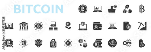 Bitcoin icon set glyph style with trading, mining, currency, crypto payment, wallet, market analysis icons