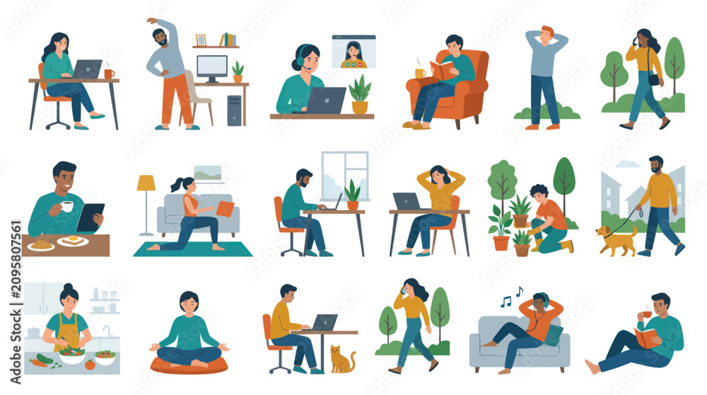 Fototapeta premium Flat Design Lifestyle Illustration: People Working Remotely, Exercising, and Engaging in Daily Home Activities Self-Care