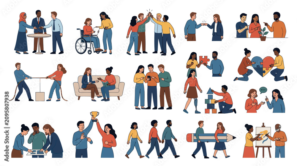 Fototapeta premium Diverse Teamwork and Collaboration Flat Vector Icons Set