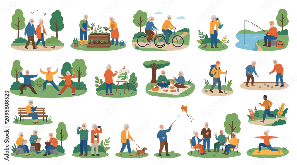 Fototapeta premium Active Seniors Lifestyle Flat Vector Illustration. Elderly People Enjoying Outdoor Hobbies and Activities.
