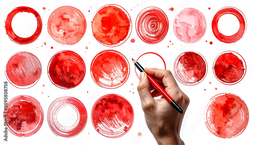 Fototapeta premium Hand Painting Red Watercolor Circles on White Background with Artistic Brush Strokes