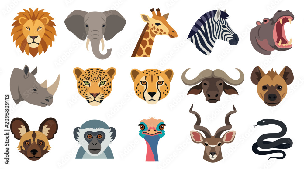 Fototapeta premium Flat Style Safari Animals Vector Icons: Lion, Elephant, Giraffe, Zebra, Hippo, Rhino, Leopard, Buffalo, Hyena, Wild Dog, Monkey, Ostrich, Kudu, Snake