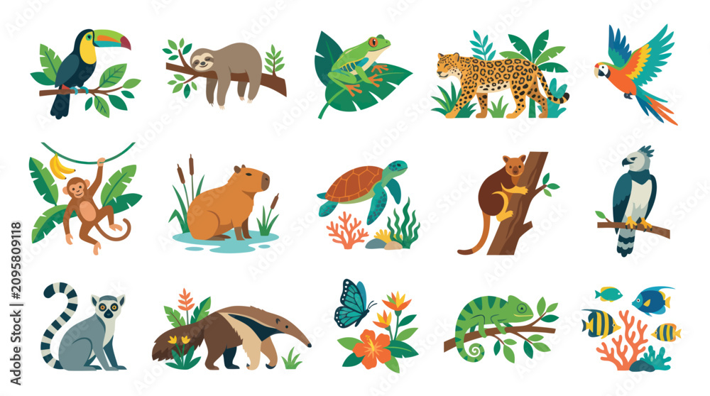 Obraz premium Flat Tropical Rainforest Animals Vector Illustration - Toucan, Sloth, Monkey, Jaguar