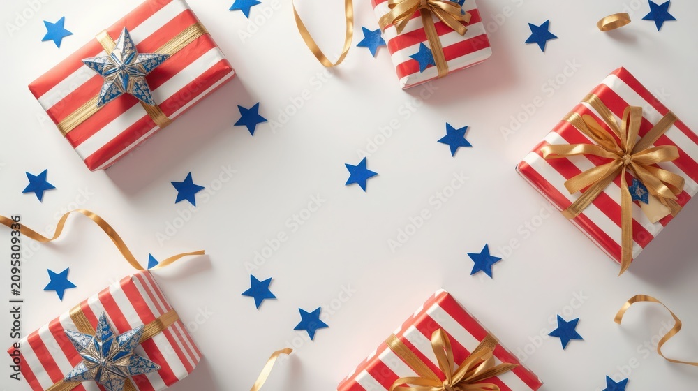 Obraz premium Presents decorated with blue stars and red stripes are arranged neatly on a white surface with confetti.