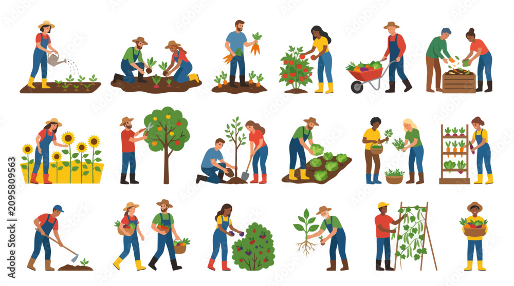 Fototapeta premium Diverse Gardeners and Farmers Cultivating, Planting, and Harvesting Crops in Flat Vector Illustration Set