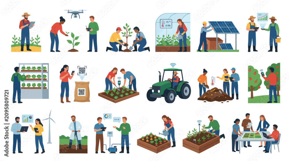 Fototapeta premium Smart Farming Concepts Flat Vector Illustration Set: Agricultural Technology Scenes