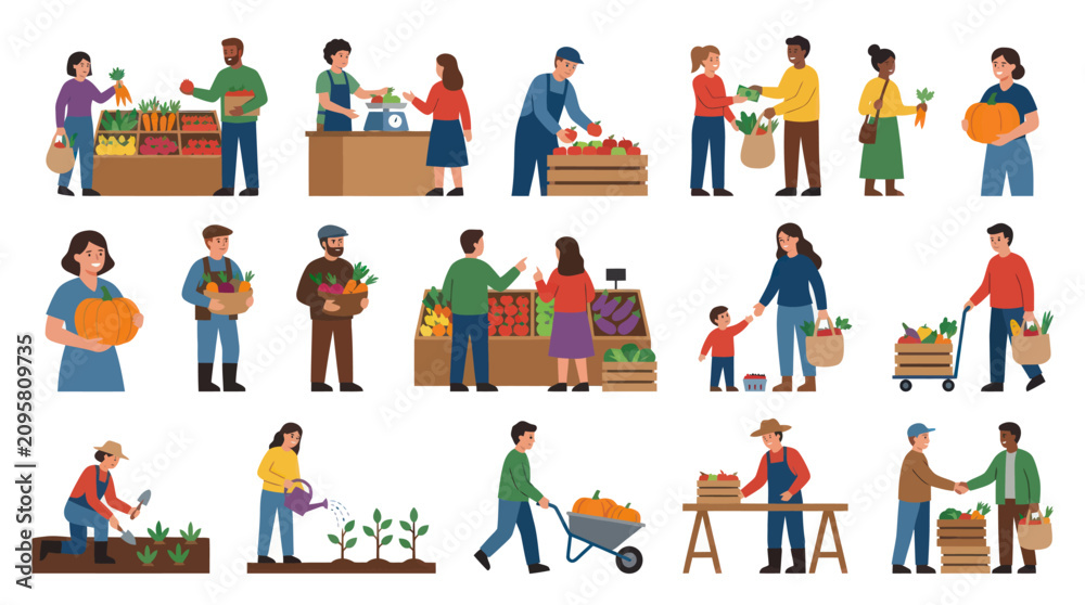 Fototapeta premium Flat Vector Illustration of Farmers Market People Buying and Selling Fresh Produce