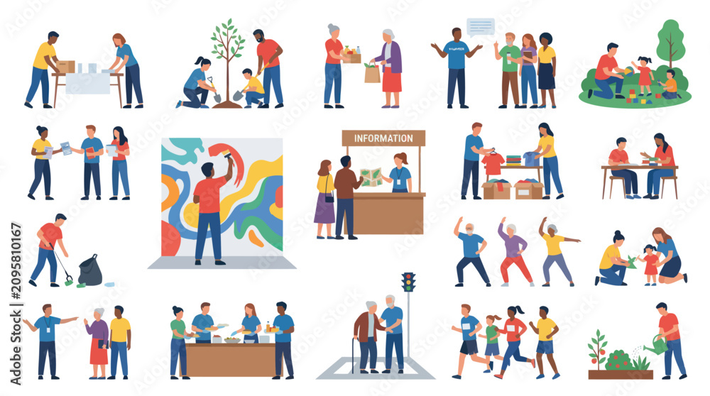 Fototapeta premium Flat Vector Illustration Set: People Volunteering, Community Service, Charity and Social Help Activities