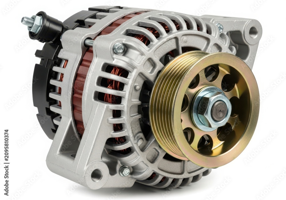 Obraz premium Car alternator with pulley close-up view isolated on white background