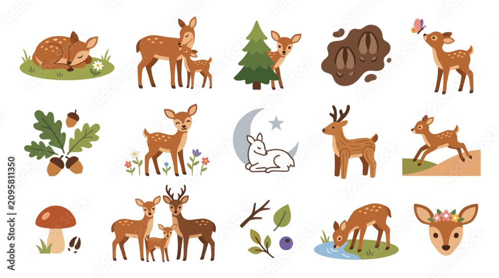 Fototapeta premium Cute Cartoon Deer and Fawn Family Forest Animals Flat Vector Art
