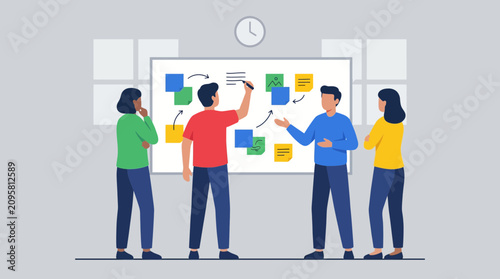Foto Collaborative Whiteboard Brainstorming Session Standing Up