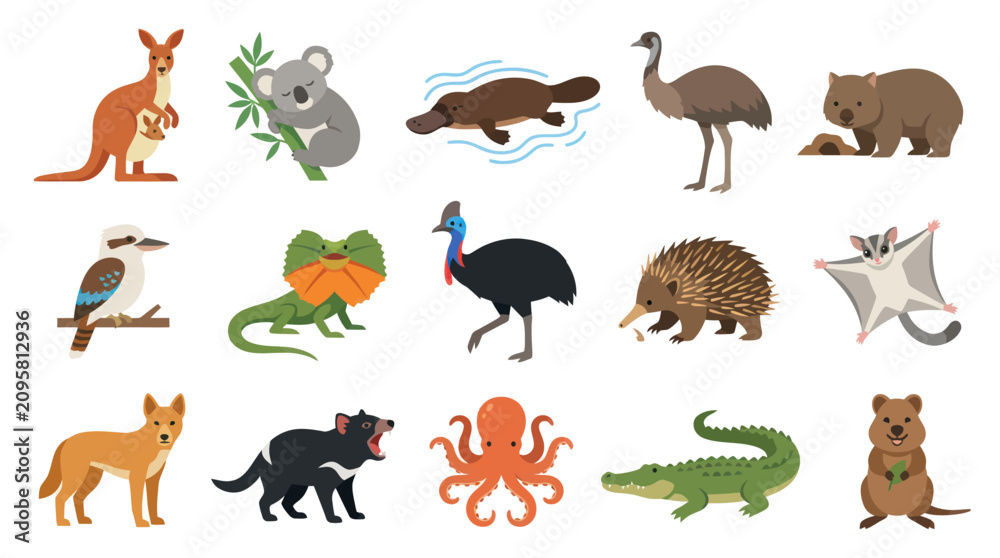 Obraz premium Australian Wildlife Flat Design Vector Icons Set. Cartoon Animals Collection with Kangaroo, Koala, Platypus, Emu, Wombat.